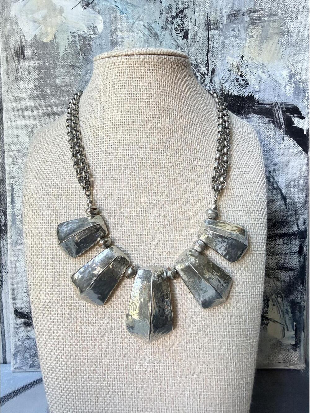 Chico's Silver Tone Statement Necklace Geometric Hammered